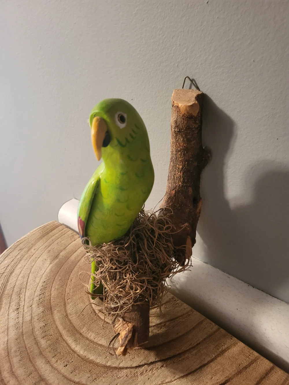 VTG Resin Parrot Figurine Ornament Yellow/Green 7.5in On Wood